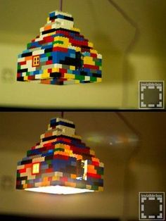 two pictures of a light made out of legos, one with a house on it