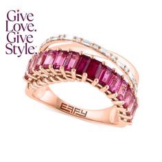 in stock Effy Rings, 14k Rose Gold Jewelry, Crossover Ring, Gold Sign, Ombre Effect, Rose Gold Jewelry, Baguette Diamond, Pink Tourmaline, Pink Sapphire