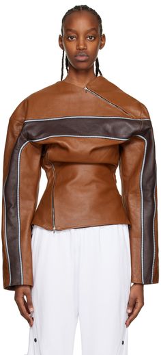 Grained leather jacket. · Paneled construction · V-neck · Reflective trim and asymmetric zip fastenings at front · Full satin lining Supplier color: Light brown Chinese Clothing Brands, Shearling Coat Street Style, Leather Jacket Runway, Outfit Silhouettes, Ssense Outfit, Jacket Fashion Design, Jade Cropper, Asymmetric Fashion, Asymmetrical Fashion