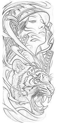 a drawing of a tiger with an arrow in it's mouth and another animal on the other side