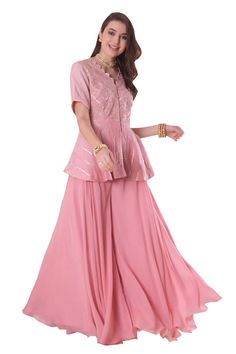 Peony pink peplum kurta with gota, thread, sequin embroidery in chevron pattern. Paired with sharara. - Aza Fashions Kurta And Sharara Set, Kurta And Sharara, Peony Pink, Sequin Embroidery, Sharara Set, Sequins Embroidery, Chevron Pattern, Set For Women, Aza Fashion