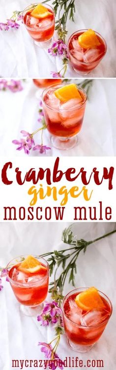 the cranberry ginger moscow mule is served in glasses with orange slices and garnish