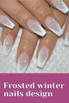 French Frosted Nails, Coffin Shaped Winter Nails, Frosted Gel Nails, Snow Tipped Nails, Frosted French Manicure, Icicle French Tip Nails, Winter White Nails 2022, Winter Nail Designs Coffin Shape, White Winter Nails Acrylic Short