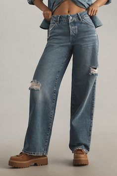 100% cotton Mid rise Wide leg Distressed details Five-pocket styling Front zip Machine wash Imported | Avril Slouchy Wide-Leg Jeans by Outland Denim in Blue, Women's, Size: 28, Cotton at Anthropologie 50 Fashion, Wide Leg Jeans, Leg Jeans, Mid Rise, Anthropologie, Wide Leg, Human, Blue