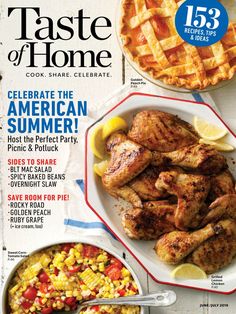 the cover of taste of home magazine featuring chicken and waffles, corn on the cob