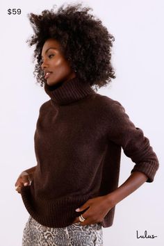 Take a walk on the cozy side all season long in the Lulus Found the Warmth Dark Brown Turtleneck Pullover Sweater! Soft and stretchy sweater knit shapes this closet-essential sweater that has a chic turtleneck, long raglan-style sleeves, and a relaxed, wide-cut bodice. Contrasting ribbed knit accents the neckline, cuffs, and hem. Fit: This garment fits true to size. Length: Size medium measures 22.5" from shoulder to hem. Bust: Great for any cup size. Waist: Not Fitted - comfortable room throughout midsection. Undergarments: May be worn with any standard bra. Fabric: Fabric is very stretchy. Unlined. 74% Acrylic, 22% Polyester, 4% Spandex. Hand Wash Cold. Do Not Bleach. Line Dry. Iron Low Heat. Imported. Lulus | Found the Warmth Dark Brown Turtleneck Pullover Sweater. Dark Brown Turtleneck, Brown Turtleneck Sweater, Essential Sweater, Brown Turtleneck, Turtleneck Pullover, Sweater Fits, Closet Essentials, Take A Walk, Comfortable Room