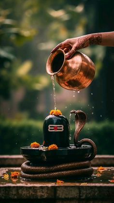 a person pouring water into a pot on top of a metal object with flowers around it