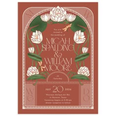 an art deco wedding card with water lilies on the front and back, in red