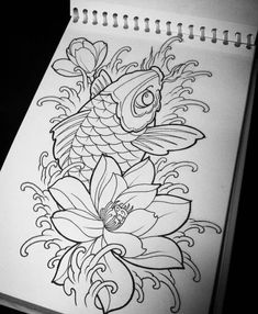 a drawing of a koi fish with flowers on it