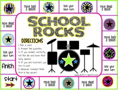 a poster with words and pictures on it that say school rocks, directions for the drum kit