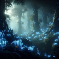 an image of a forest with blue lights in the dark night time, it looks like something out of a fairy tale