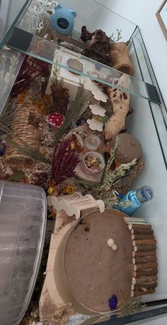 a glass table topped with lots of different items