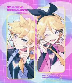 two anime characters with blonde hair and blue eyes, one is talking on the phone