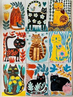 an art work with cats and flowers on the tiles in different colors, shapes and sizes