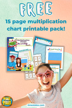 text reads: free 1 page multiplication chart printable pack; image shows times tables printable pack graphic and 9 year old student excited about learning multiplication Printable Multiplication Chart, Multiplication Chart Printable, Multiplication Game, Multiplication Games, Multiplication Chart, 8th Grade Math