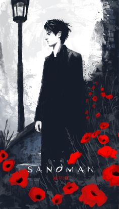 a man standing next to a lamp post with red poppies in front of him