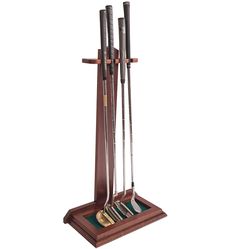 a wooden rack with four golf clubs and two putter's clubs on it