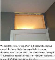 an open window with the light on above it in a room that is being remodeled