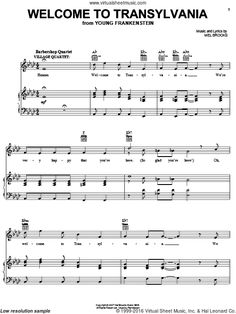 the sheet music for welcome to transylvaniia, which is written in black and white