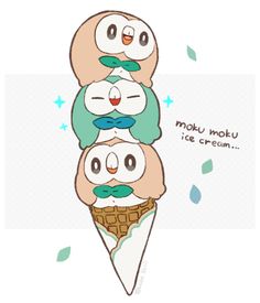 three ice cream cones with cartoon faces on them