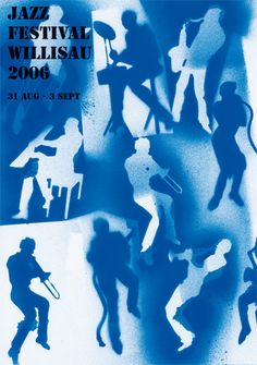 an advertisement for the jazz festival with silhouettes of people playing instruments and standing in front of them