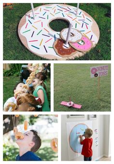 several different pictures with donuts on them and children playing in the grass at an outdoor birthday party