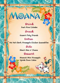 the menu for moan's hawaiian themed birthday party