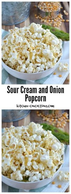 two bowls filled with popcorn sitting on top of a table