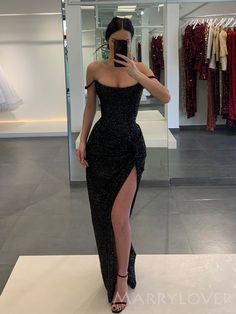 Off Shoulder Black Sequin Mermaid Bateau Long Evening Prom Dresses, Cu – MarryLover Prom Dresses Custom, Classy Prom, Looks Party, Pretty Prom Dresses, فستان سهرة