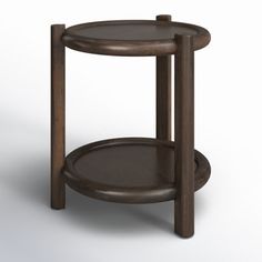 a round wooden table with two shelves on each side