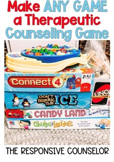 some toys are stacked on top of each other with the words make any game a therapeutic courseing game