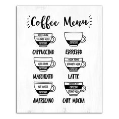 coffee menu with different types of cups and saucers in black ink on white paper