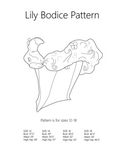 the lily boddice pattern is shown in black and white, with measurements for each piece