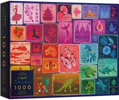 a box with stamps on it that are all different colors and shapes, including animals