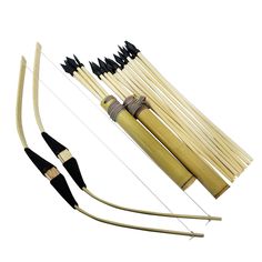 an assortment of archery bows and arrows on a white background