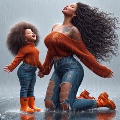 an image of a woman and child in the rain