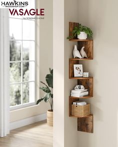 three wooden shelves on the wall with plants and books in them, next to a window