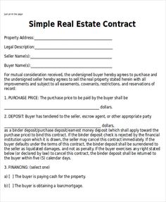 a simple real estate contract form is shown in this image, it shows the agreement between two