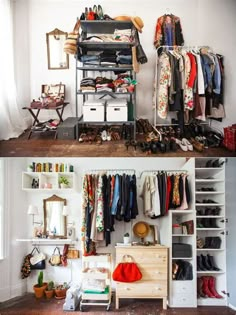 there are two pictures of the closets in this room, one with clothes and shoes on it