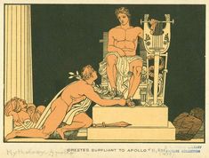 an ancient greek scene with two men sitting on the throne and one standing in front of them