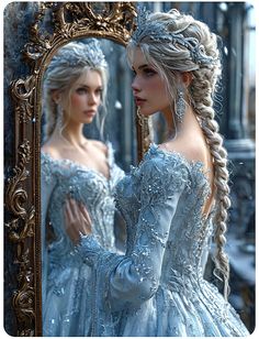 two women dressed as princesses in front of a mirror with the reflection of them