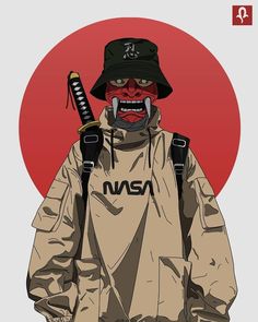 a man wearing a hat and holding a knife in front of a red circle with the words nasa on it