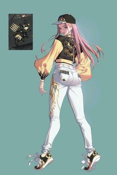 an anime character with pink hair wearing white pants and black top, holding a pair of scissors