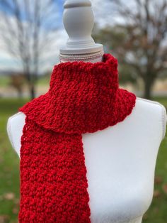 "This handmade, solid color scarf is perfect for those chilly autumn and winter nights.  Crocheted with super soft medium weight yarn, it has a wonderful texture and is ideal for both men and women.  *  6\" wide x 65\" long *  Crocheted with high quality, super soft acrylic yarn. *  Machine wash, cold water, gentle cycle.  Lay flat to dry. *  Handmade in a smoke-free, pet-free home. * Check out the large selection of scarves in my shop:  https://kathiescrochetshop.etsy.com All sizes are approximate due to the nature of yarn and the crocheting process.  Please be aware that computer monitors differ.  Every effort has been made to represent the colors accurately." Red Scarf Crochet, Knit Scarf Men, Winter Scarf Men, Crochet Womens Scarf, Mens Winter Scarf, Mens Knitted Scarf, Knitting Scarves, Men Scarf, Beautiful Baby Blanket