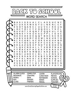 the back to school word search is shown in black and white with an image of a pencil