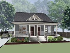 this is an artist's rendering of a small house with porches and stairs