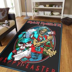 a living room with a rug that has an image of iron maiden and the words happy easter on it