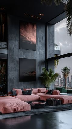 a living room filled with lots of pink furniture