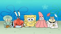 spongebob and other cartoon characters sitting in front of an octopus, crab, squidling