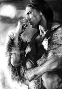 a black and white drawing of a native american woman with her hands on her chest